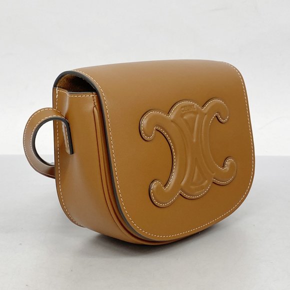 Celine Shoulder Bag Triomphe Folco Cuir Leather Brown Women's - Picture 2 of 8